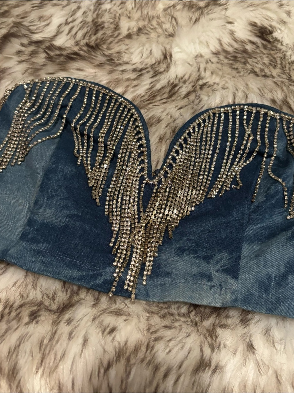 Denim Rhinestone Tassel Crop Top Fringe